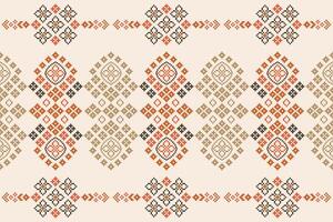 Traditional ethnic motifs ikat geometric fabric pattern cross stitch.Ikat embroidery Ethnic oriental Pixel brown cream background. Abstract,vector,illustration. Texture,scarf,decoration,wallpaper. vector