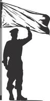 AI generated Silhouette Soldiers or Army pose in front of the white flag black color only vector