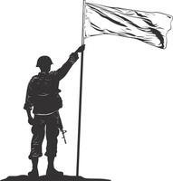 AI generated Silhouette Soldiers or Army pose in front of the white flag black color only vector