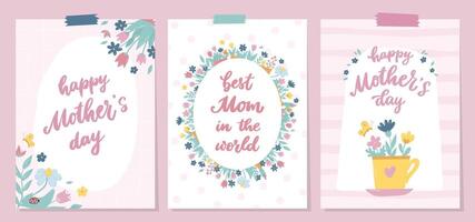 Mother's day cards, posters, prints, banners, invitations, templates decorated with lettering quotes, flowers, doodles. EPS 10 vector