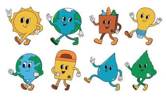 set of retro cartoon elements for environment day, earth day, zero waste. Good for posters, stickers, cards, prints, banners, sublimation, etc. EPS 10 vector