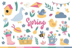 Spring clip art, doodles, stickers, cartoon elements for cards, posters, prints, signs, banners, invitations, etc. EPS 10 vector