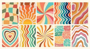 Groovy backgrounds collection, retro wallpaper set, vintage templates, posters, prints, cards, digital paper. EPS 10 vector