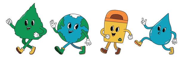 set of earth day retro cartoon elements of leaf, planet earth, recycling bin and drop of water with cute faces. Good for posters, stickers, prints, cards, banners, etc. EPS 10 vector