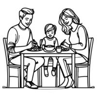 Continuous one black line art drawing happy family father and mother with child. having dinner sitting at table doodles style vector illustration on white background