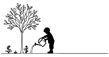 continuo uno negro línea Arte dibujo silueta de niños riego un árbol. plantando árbol a salvar el mundo y tierra día reducir global calentamiento crecimiento concepto vector ilustración en blanco antecedentes