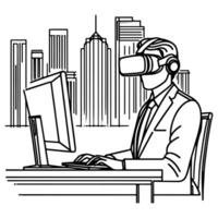 single continuous drawing black line art linear businessman in office using virtual reality headset simulator glasses with computer doodle style sketch vector