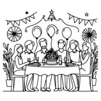 single continuous drawing black line family dinner sitting at table to celebration anniversary birthday party doodles vector