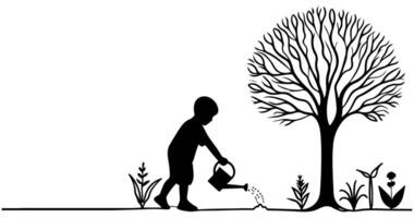 Continuous one black line art drawing Silhouette of children watering a tree. planting tree to save the world and earth day reduce global warming growth concept vector illustration on white background