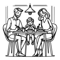 Continuous one black line art drawing happy family father and mother with child. having dinner sitting at table doodles style vector illustration on white background