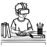 single continuous drawing black line art linear boy using virtual reality headset simulator glasses to learn new technology vector