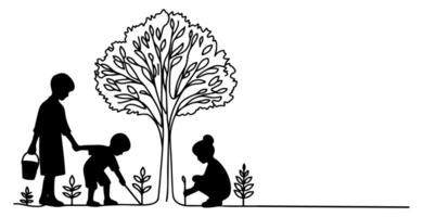 Continuous one black line art drawing Silhouette of children planting tree. Shovel digs roots plant into ground to save the world and earth day reduce global warming growth vector