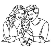 Continuous one black line art drawing happy family father and mother with child doodles style vector illustration on white