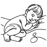 Continuous one black line art hand drawing newborn lying or sleeping doodles outline style vector illustration on white background