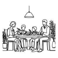 Continuous one black line art drawing happy family father and mother with child. having dinner sitting at table doodles style vector illustration on white background