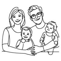 continuo uno negro línea Arte dibujo contento familia padre y madre con niño garabatos estilo vector ilustración en blanco