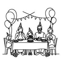 single continuous drawing black line family dinner sitting at table to celebration anniversary birthday party doodles vector