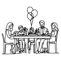 single continuous drawing black line family dinner sitting at table to celebration anniversary birthday party doodles vector