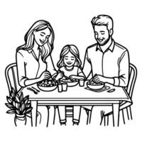 Continuous one black line art drawing happy family father and mother with child. having dinner sitting at table doodles style vector illustration on white background