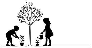 Continuous one black line art drawing Silhouette of children watering a tree. planting tree to save the world and earth day reduce global warming growth concept vector illustration on white background