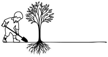 Continuous one black line art drawing Silhouette of children planting tree. Shovel digs roots plant into ground to save the world and earth day reduce global warming growth vector