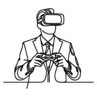 single continuous drawing black line art linear businessman in office using virtual reality headset simulator glasses with computer doodle style sketch vector