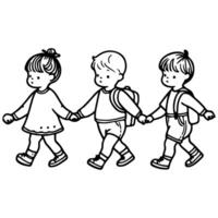 Continuous one black line art hand drawing child walking doodles outline cartoon characters style coloring page vector illustration  on white background