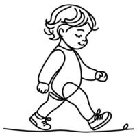 Continuous one black line art hand drawing child walking doodles outline cartoon characters style coloring page vector illustration  on white background