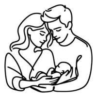 Continuous one black line art drawing parents with newborn baby doodles outline style vector illustration on white background