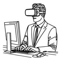 single continuous drawing black line art linear businessman in office using virtual reality headset simulator glasses with computer doodle style sketch vector