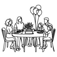 single continuous drawing black line family dinner sitting at table to celebration anniversary happy birthday party doodles vector