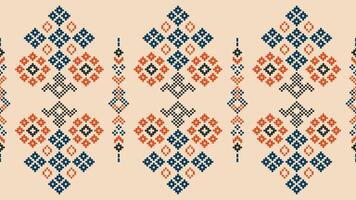 Traditional ethnic motifs ikat geometric fabric pattern cross stitch.Ikat embroidery Ethnic oriental Pixel brown cream background. Abstract,vector,illustration. Texture,scarf,decoration,wallpaper. vector