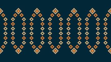 Traditional ethnic motifs ikat geometric fabric pattern cross stitch.Ikat embroidery Ethnic oriental Pixel navy blue background. Abstract,vector,illustration. Texture,scarf,decoration,wallpaper. vector