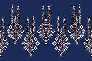 Traditional ethnic motifs ikat geometric fabric pattern cross stitch.Ikat embroidery Ethnic oriental Pixel navy blue background. Abstract,vector,illustration. Texture,scarf,decoration,wallpaper. vector