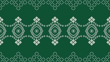 Traditional ethnic motifs ikat geometric fabric pattern cross stitch.Ikat embroidery Ethnic oriental Pixel green background.Abstract,vector,illustration. Texture,scarf,decoration,wallpaper. vector