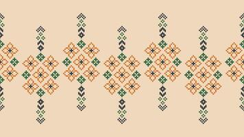 Traditional ethnic motifs ikat geometric fabric pattern cross stitch.Ikat embroidery Ethnic oriental Pixel brown cream background. Abstract,vector,illustration. Texture,scarf,decoration,wallpaper. vector