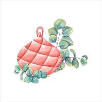 Watercolor composition of handbag with graceful eucalyptus branches around the clutch. vector