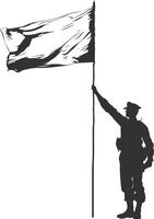 AI generated Silhouette Soldiers or Army pose in front of the white flag black color only vector