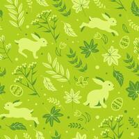 Charming rabbits are jumping in the spring meadow, happy easter. Seamless monochrome green pattern chocolate eggs, daisies and tulips. cartoon style. For wallpaper, printing on fabric, wrapping. vector