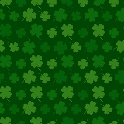 Four leaf clover, seamless pattern. Symbol of good luck. Happy St. Patricks Day. Magic, religious traditions. Monochrome green botanical illustration in flat style. For wallpaper, fabric, wrapping