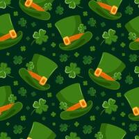 Seamless pattern of St. Patricks Day symbols. Leprechauns, top hat, Cartoon characters. Four-leaf clover. Good luck. Magic, religious traditions. For wallpaper, fabric, wrapping, background vector