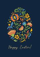 Happy Easter. Egg with botanical pattern. Mexican or Slavic folk flowers. Traditional drawing. Vector banner. Vintage illustration for advertising, website, poster, flyer.