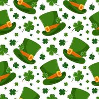 Seamless pattern of St. Patricks Day symbols. Leprechauns, top hat, Cartoon characters. Four-leaf clover. Good luck. Magic, religious traditions. For wallpaper, fabric, wrapping, background vector