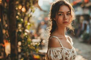 AI generated Beautiful young woman wearing dress and walking on street in spring photo