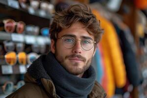 AI generated Wide-Angle Snapshot of a Young Man at the Eyeglass Store photo