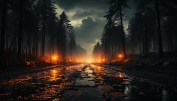 AI generated Tranquil scene  nature mystery in a dark forest at dusk generated by AI photo