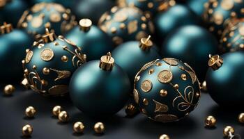 ai generado Navidad ornamento decoración, oro esfera, brillante invierno celebracion generado por ai foto