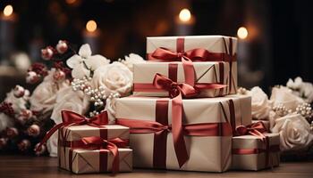 AI generated Christmas gift box wrapped in shiny wrapping paper generated by AI photo