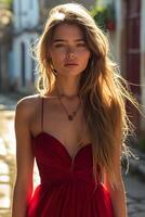 ai generado lleno longitud hermosa mujer caminando abajo un calle, rojo vestido, luz de sol foto