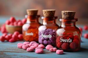 AI generated Bottles with text Sweets with candies inside, Valentines Day theme photo
